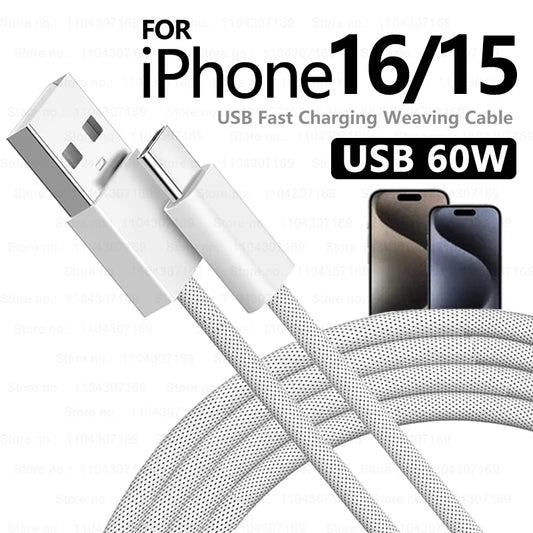 Original 60W USB to USB-C Carplay Fast Charging Cable for Apple Iphone 16 Pro Max 15 plus Type C Charge for Xiaomi Samsung Cable